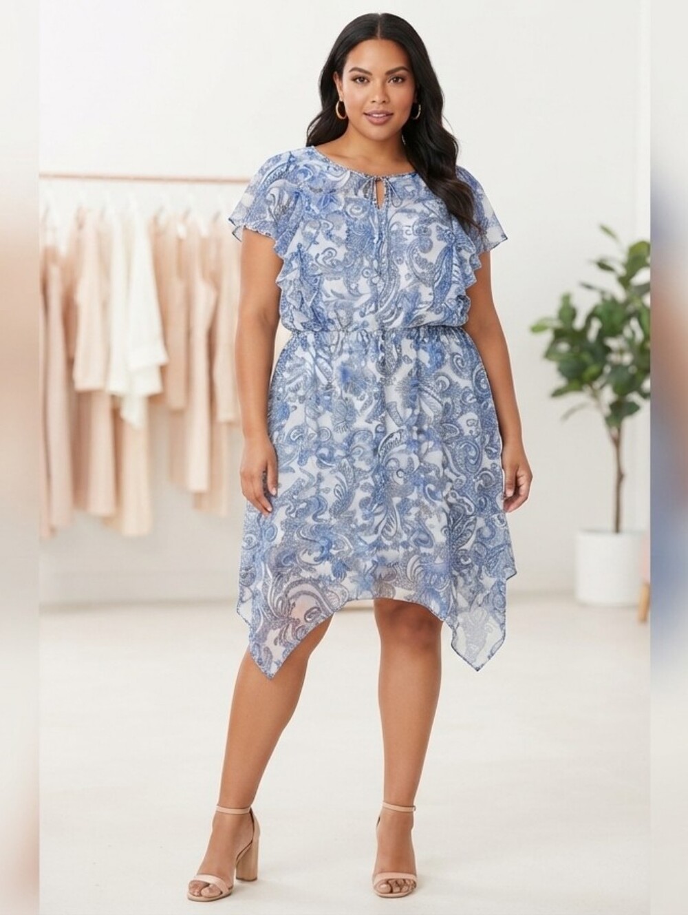 ​ALYX Blue White Paisley Ruffle Keyhole Tie Waist Dress Size 20W